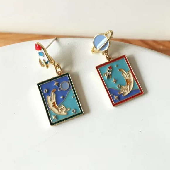 Cat in Space earrings planet rocket outer space - Picture 2 of 5